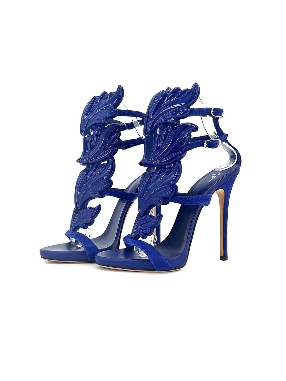Giuseppe Zanotti Cruel Coline Blue Suede Metal Wing Strappy Stiletto Sandals 36
